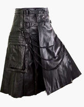 Black leather kilt in a gothic style with a chain - Scottish Kilt Jacket™ USA-UK